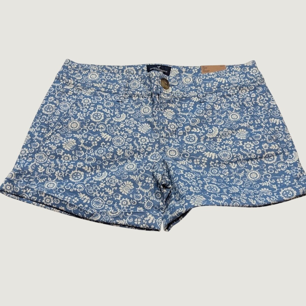 American Eagle Midi Shorts Sz 4 Blue Floral‎ Low Rise Stretch Cotton Boho Y2K
